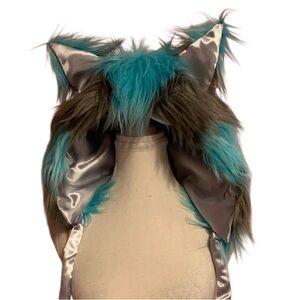 Striped Cat Faux Fur hood - Teal and grey